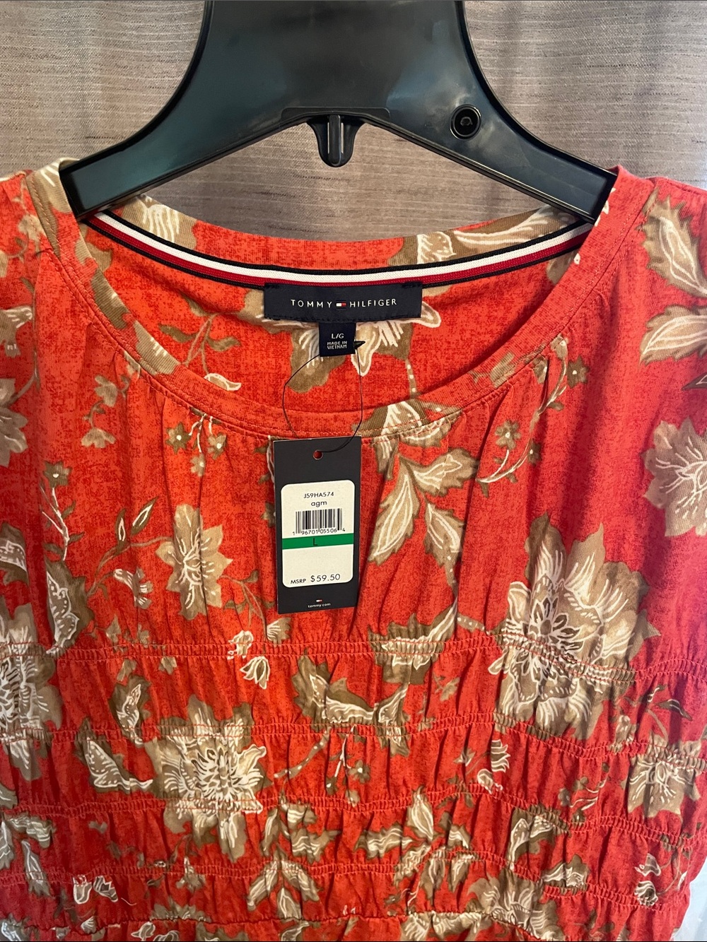Tommy Hilfiger Coral Red Floral Smocked Waist Top